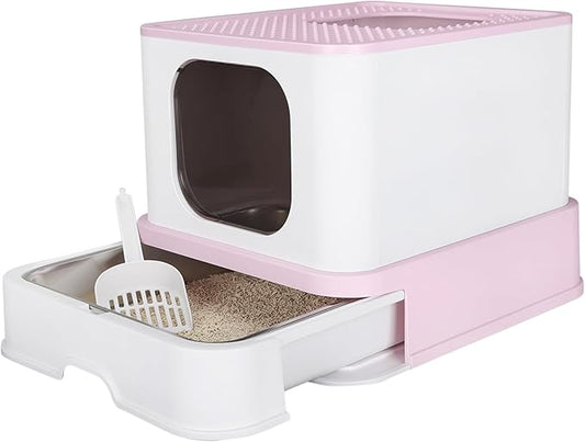 RIZZARI Cat Litter Box, Foldable Cat Box with Drawer, Large Capacity Litter Box with Lid, Top Opening Litter Pan for Small to Big Cats (Pink-Stainless Steel Basin)