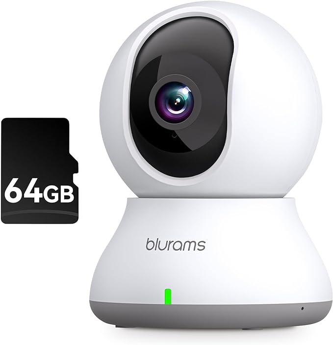 blurams Security Camera 2K, Baby Monitor Dog Camera 360-degree for Home Security (White + 64GB TF Card)