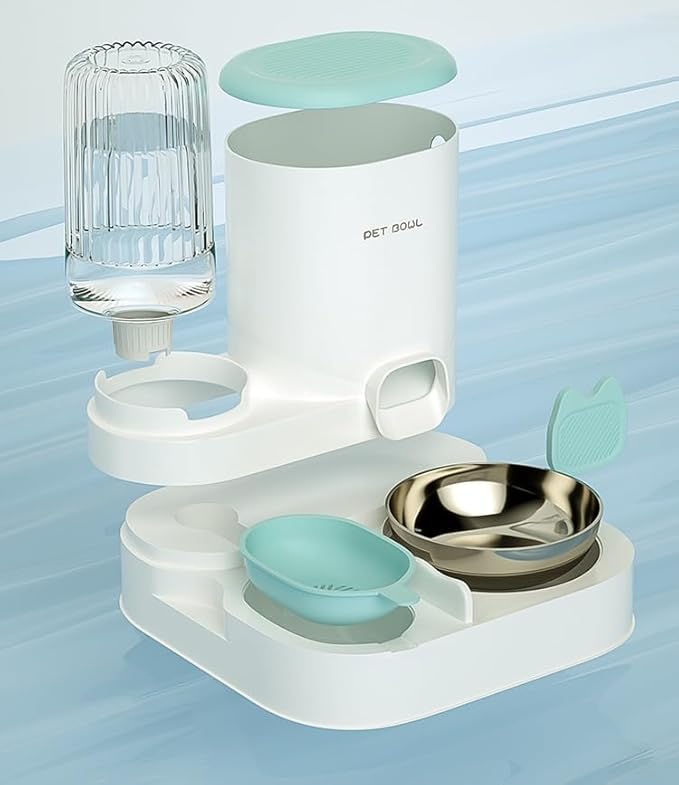 Automatic Cat Feeder & Water Dispenser - Dual Container for Dry/Wet Food, Two-in-One Upgraded Gravity Feeder and Water Dispenser Combo Set for Cats and Dogs. (Grey)