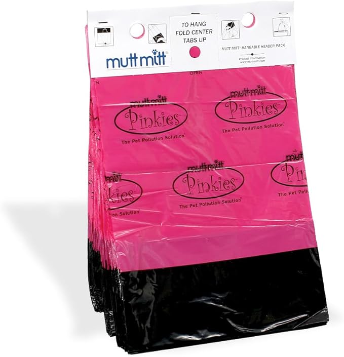 Mutt Mitt® Pinkies 2-Ply 100 Pink & Black Dog Waste Bags on 1 dog waste bag station header - 300% Thicker than mini roll dog waste bags - no more warm & yuck feeling