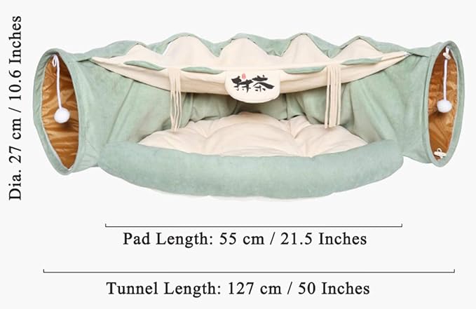 Cat Toys Collapsible Tunnel Bed Cozy Cave, Round Cuddle Snuggery Burrow Pet Litter House Bed Channel Removable Cover for Indoor Rabbits, Kittens and Dogs - Green
