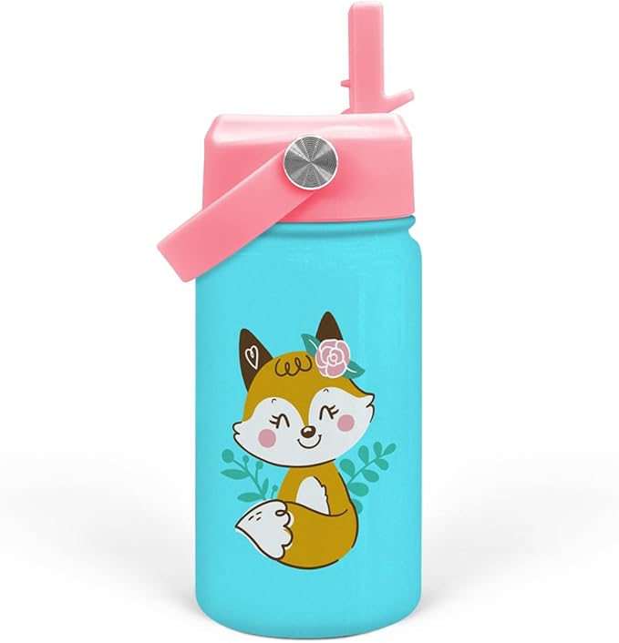 Fox Water Bottle - Kids Water Bottle with Straw Lid - 12 Oz Insulated Stainless Steel Water Bottles for Kid Girl - Travel Cup for School Sports