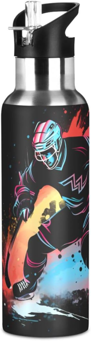 Hockey Player Water Bottle with Straw Lid Kids Insulated Stainless Steel Water Flask Sports, 20 Oz Hot Cold