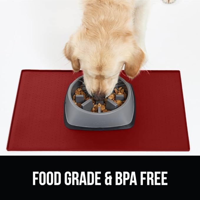 GORILLA GRIP 100% Waterproof Raised Edge BPA Free Silicone Pet Feeding Mat, Dog Cat Food Mats Contain Spills Protects Floors, Placemats for Cats and Dogs Water Bowl, Pets Accessories 18.5x11.5 Red