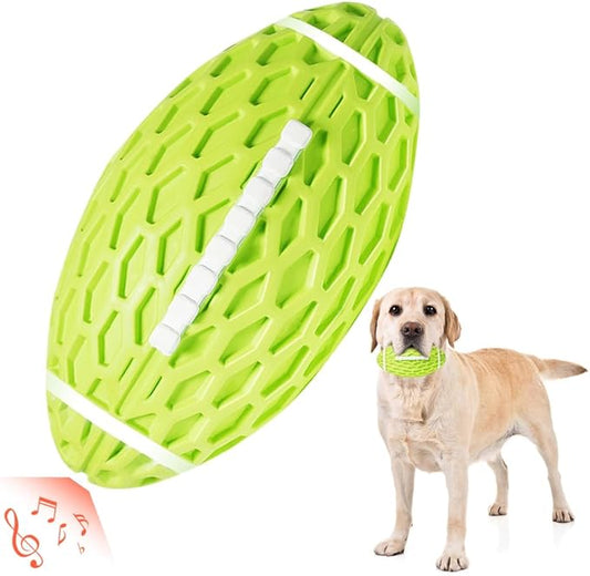 AUSCAT Squeaky Dog Football Toy for Aggressive Chewers, Tough Rubber Dog Ball for Medium Large Dogs, Green, Large, 5.5"