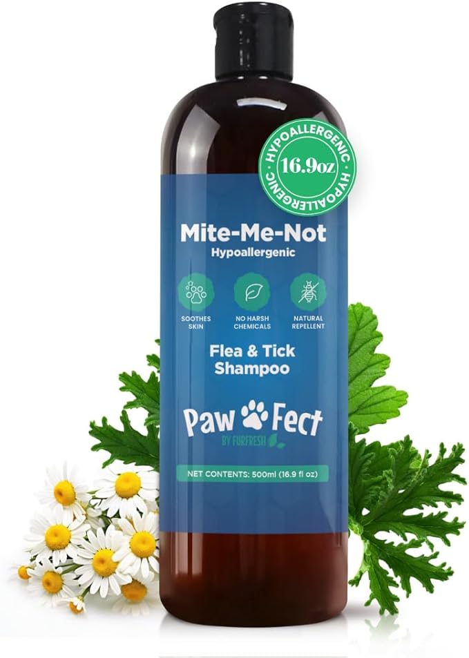 Hypoallergenic Flea and Tick Relief 16.9oz Dog Shampoo for Sensitive Skin Mite Me Not Formula for Itchy and Dry Coats Deep Cleansing and Moisturizing Pet Wash for Dogs and Puppies 500ml