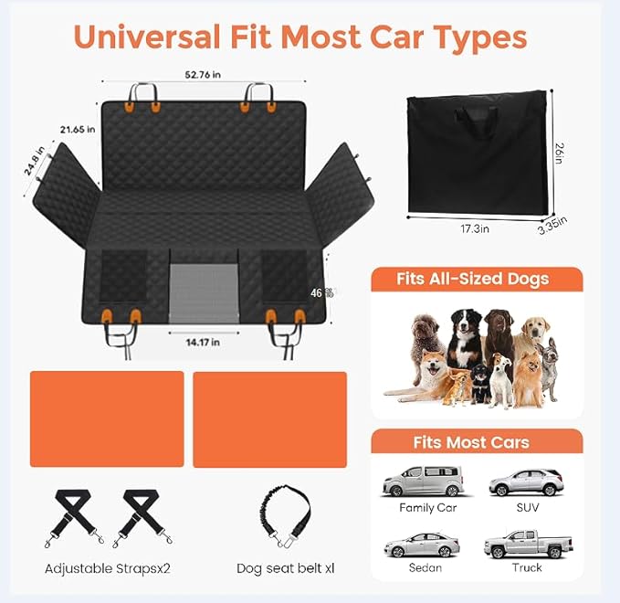 Back Seat Extender for Dogs - Hard Bottom,Waterproof Dog Car Seat Cover for Back Seat Holds 450 lbs - Detachable, Scratch-Proof and Anti-Slip Dog Hammock for Cars, SUVs and Trucks, Bk+ORG