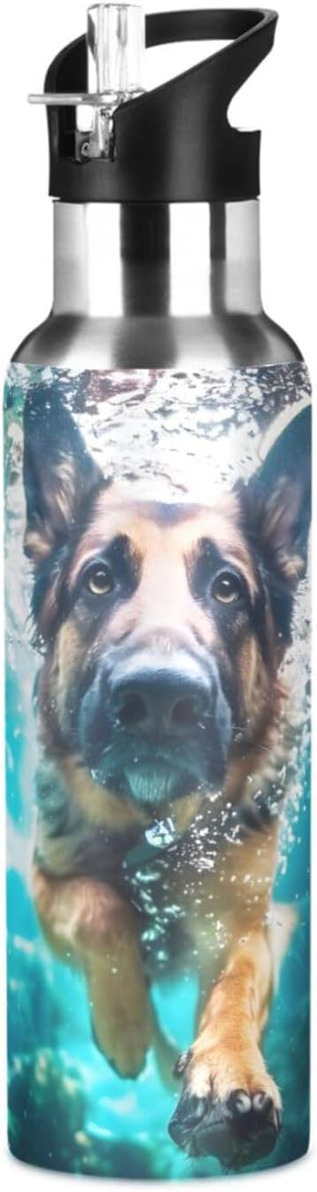 German Shepherd Dog Underwater Water Bottle with Straw Lid Kids Insulated Stainless Steel Water Flask Sports, 20 Oz Hot Cold