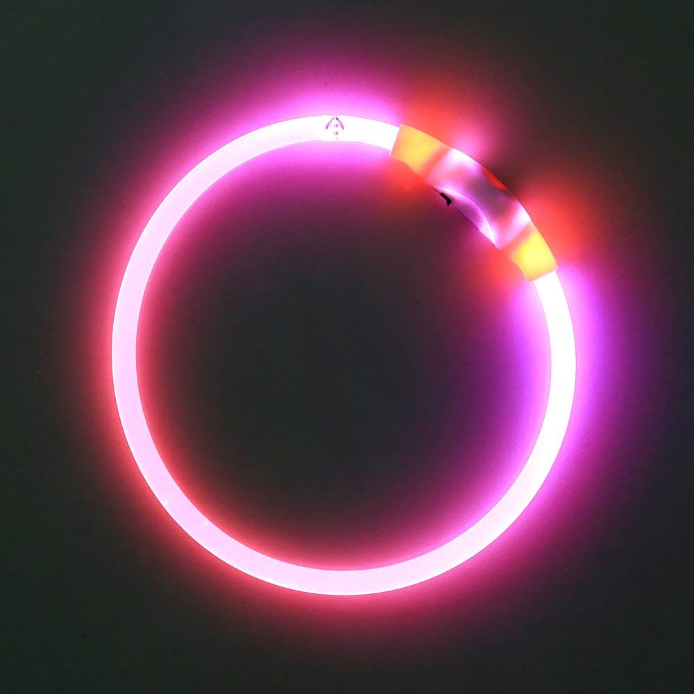 BSEEN Light Up Dog Collar, Rechargeable LED Dog Collar Waterproof Glowing Pet Collar TPU Cuttable Lighted Puppy Collar Safety Dog Lights for Night Walking (Pink 70cm)