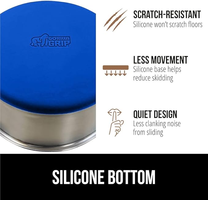 GORILLA GRIP Set of 2 Dog Bowls, Holds 6 Cups (48 fl oz), Heavy Duty Metal Food and Water Bowl for Feeding Dogs and Cats, Dishwasher Safe, Rust Resistant Stainless Steel, BPA Free Rubber Base, Blue