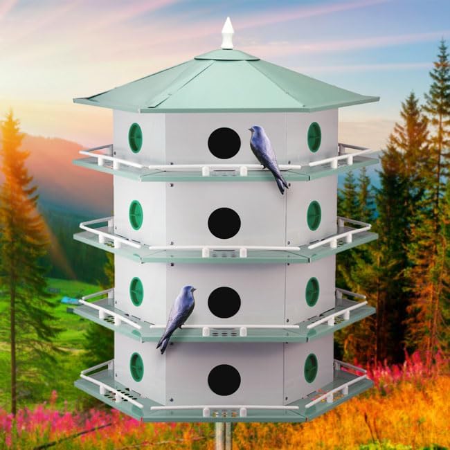 Heath 24-Room Deluxe Purple Martin House Package – Complete Aluminum Martin Colony Kit with Pole, Decoys & Guidebook