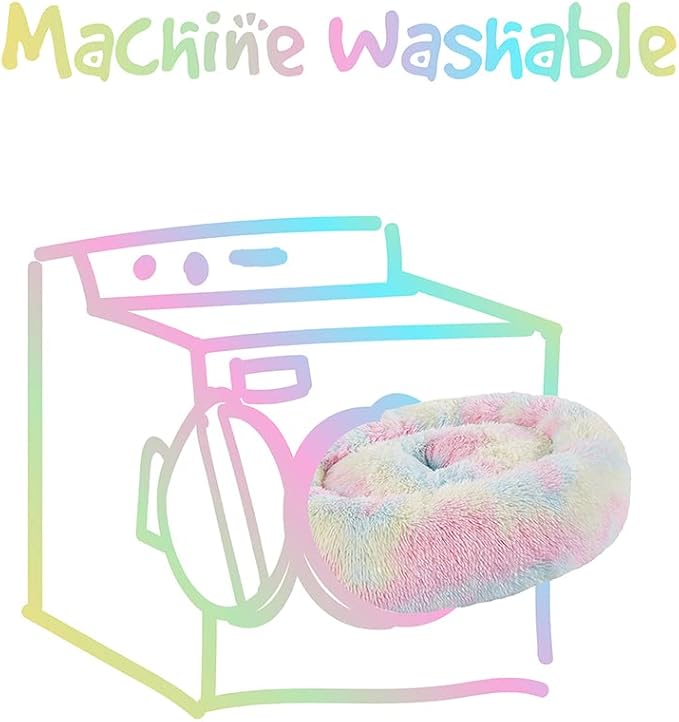 Friends Forever Donut Dog Bed Faux Fur Fluffy Calming Sofa For Small Dogs, Soft & Plush Anti Anxiety Pet Couch For Dogs, Machine Washable Coco Pet Bed with Non-Slip Bottom, 23"x23"x6" Rainbow