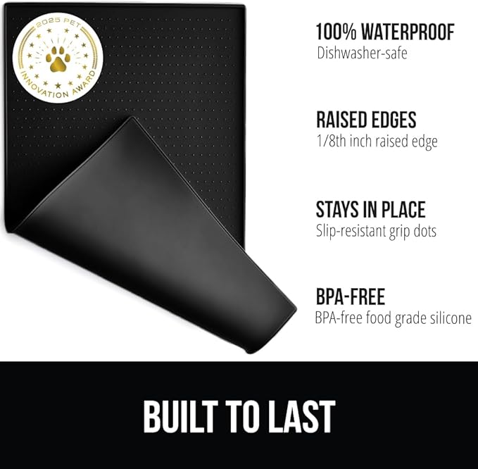 GORILLA GRIP 100% Waterproof Raised Edge BPA Free Silicone Pet Feeding Mat, Dog Cat Food Mats Contain Spills Protects Floors, Placemats for Cats and Dogs Water Bowl, Pets Accessories 23x15 Black