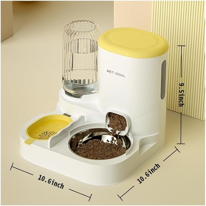 Automatic Cat Feeder & Water Dispenser - Dual Container for Dry/Wet Food, Two-in-One Upgraded Gravity Feeder and Water Dispenser Combo Set for Cats and Dogs.(Yellow)
