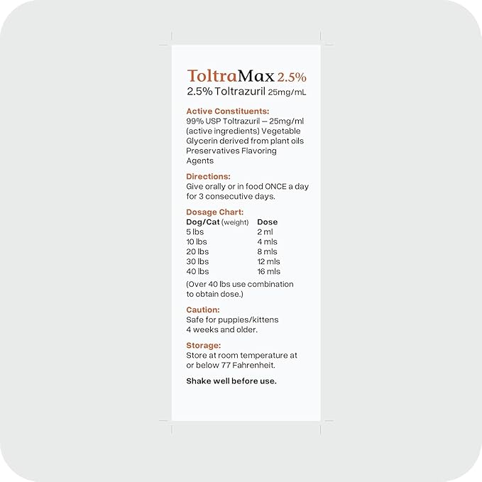 Toltrazuril 2.5% for Horses, Dogs, Cats, 60mL/2 Ounce, for Non-Food Chain Animals, Alfalfa