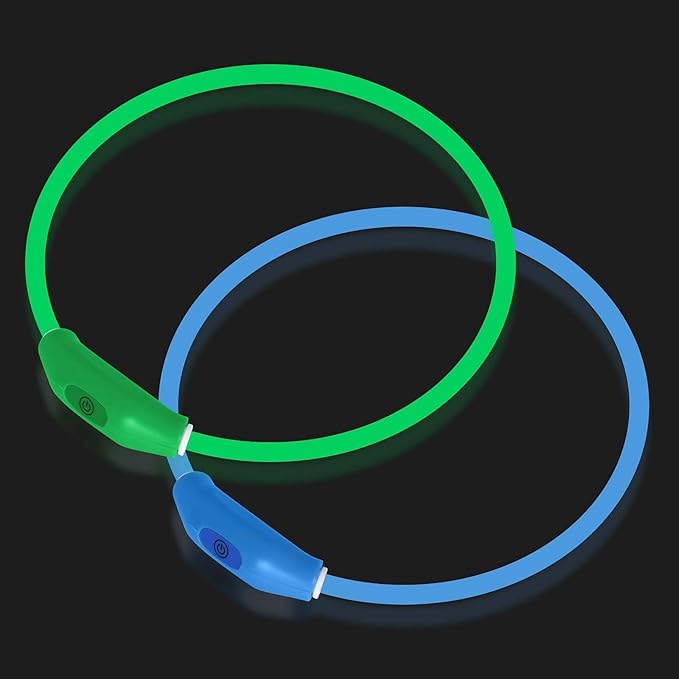 2-Pack LED Dog Collar, Light Up Dog Collars,Rechargeable Dog Lights for Night Walking，Universal, Reusable Safety Necklace for Small Medium Large Dogs Green&Blue