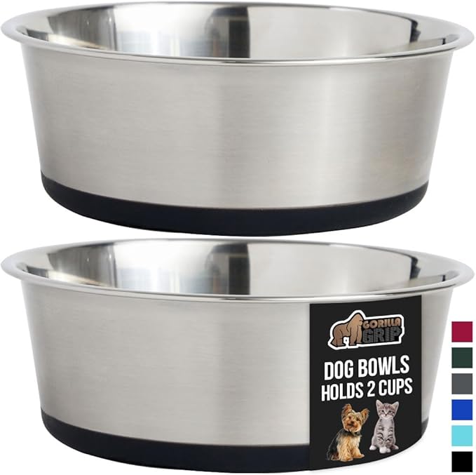 GORILLA GRIP Set of 2 Dog Bowls, Heavy Duty Metal Food and Water Bowl for Feeding Dogs and Cats, Dishwasher Safe, Rust Resistant Stainless Steel, BPA Free Rubber Base, Holds 2 Cups (16 fl oz), Black