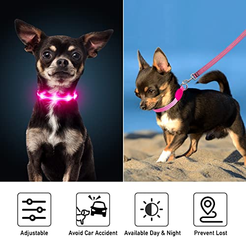 PZRLit Light Up Dog Collars for Small Medium Large Dogs, Adjustable LED Dog Collar, Rechargeable Soft Glow Collar for Dog Cat Night Walking, Pink