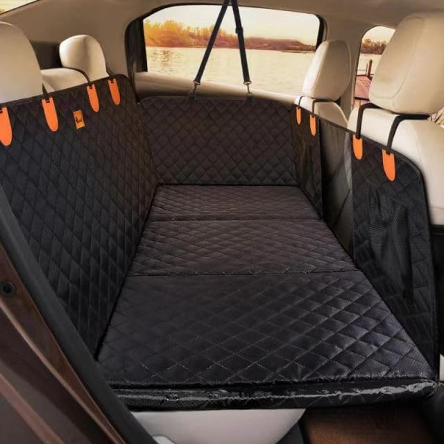 Back Seat Extender for Dogs - Hard Bottom,Waterproof Dog Car Seat Cover for Back Seat Holds 450 lbs - Detachable, Scratch-Proof and Anti-Slip Dog Hammock for Cars, SUVs and Trucks, Bk+ORG