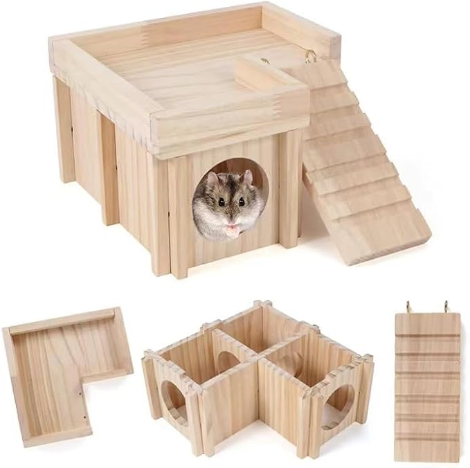 Hamster House Multi Chamber Wooden Hamster Maze Tunnel with Ladder Gerbil Hideout Castle Small Animal House Hut Habitats Cage Accessories for Hamster Rat Gerbils and Other Small Pets