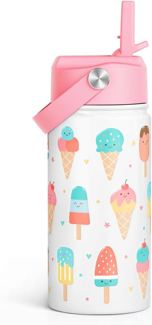 Ice Cream Kids Water Bottle With Straw Lid 12oz Insulated Stainless Steel, Travel Tumbler, Gifts For Girls, Birthday, Christmas, Back To School