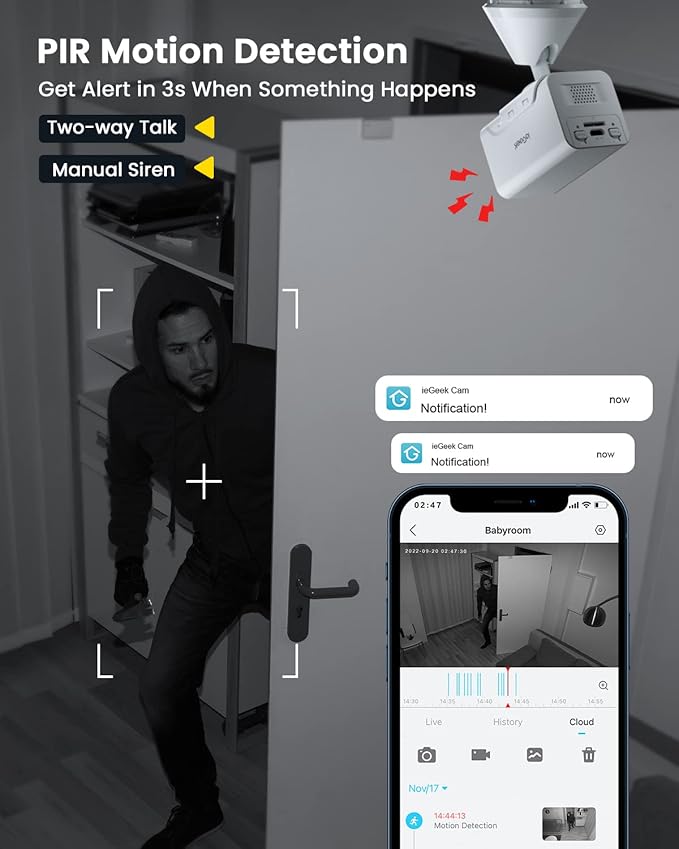 ieGeek Wireless Indoor Cameras for Home Security, Mini Battery WiFi Camera Indoor 1080P, 2-Way Audio, Motion Sensor Alarm, Phone APP, for House/Baby Monitor/Pet Camera,Compatible with Alexa, 2 Pack