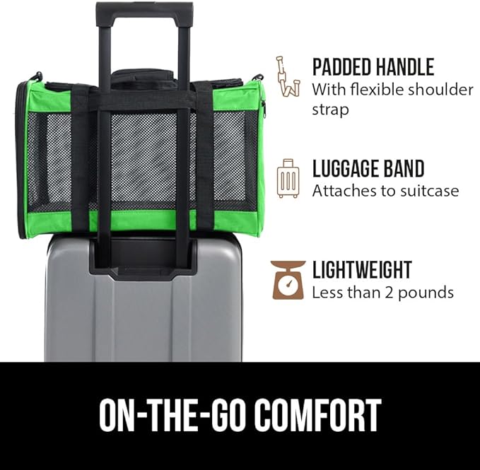 GORILLA GRIP Cat Carrier Travel Bag Up to 15 Lbs, Soft Collapsible Small Dog Carriers, Top and Side Entry Breathable Mesh, Grip Feet on Underside, Cozy Washable Waterproof Pad, Portable Kennel, Green