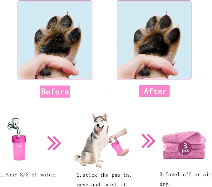 Dog Paw Cleaner & Washer for Large/Extra Large Breeds - Muddy Paws Easy Cleaning Cup for Big Dogs - Includes 3 Absorbent Towels(Pink)