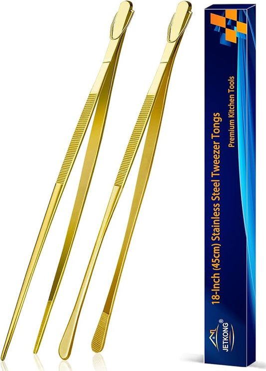JETKONG 2 Pcs 18 Inch (45cm) Stainless Steel Grill Tongs Heavy Duty Giant Tweezer Tongs, Extra Large Tweezers Tools for Cooking, Grilling, BBQ and Turning Food (Gold)