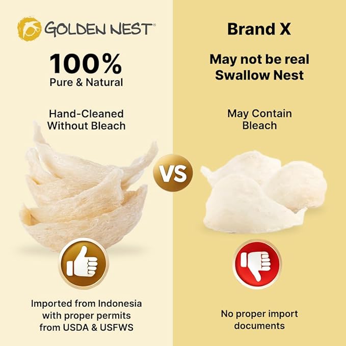 Golden Nest Premium White Bird Nest AAA, 100% Natural - Made in USA, ( 燕窩 ) - Family Size Box - 227g (8oz)