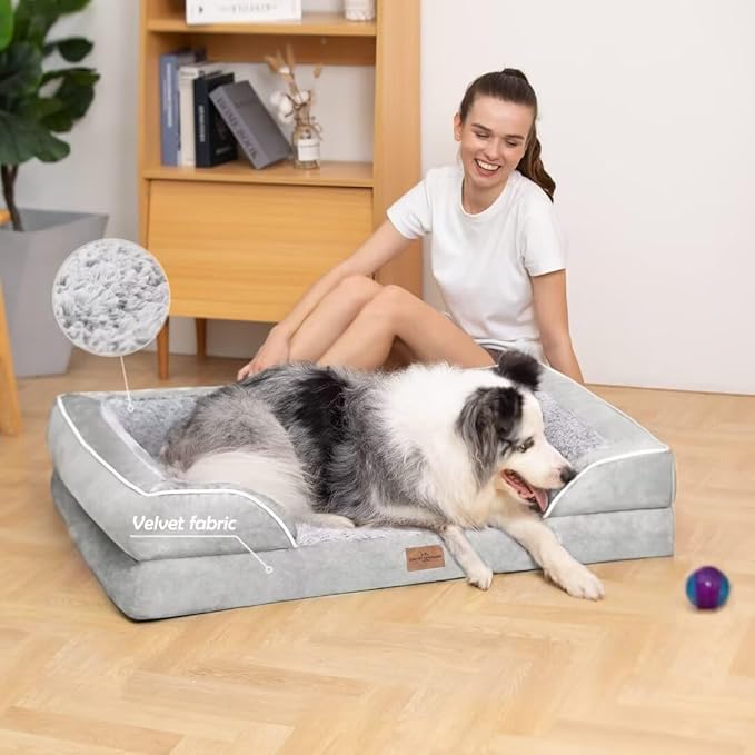 Comfort Expression XXL Orthopedic Foam Dog Bed for Extra Large Dogs, Waterproof Orthopedic Dog Beds, Washable Dogs Sofa Beds with Removable Cover & Non-Slip Bottom(XX-Large,Grey White)