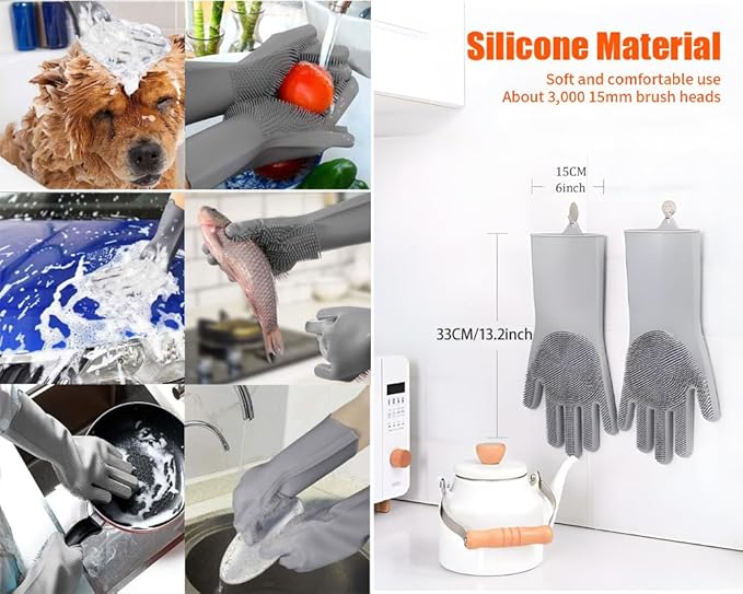 1 pairs Silicone Dishwashing & Pet Grooming Gloves - 2-in-1 Heat Resistant Gloves with High-Density Teeth, Enhanced Five Finger Design for Bathing, Cleaning Dishes, Cars, Dogs & Cats (Gray)
