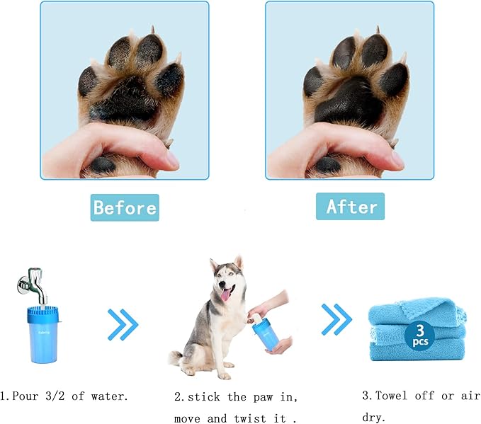 Dog Paw Cleaner for Meduim Small Breed Dogs with 3Pcs Absorbent Towels & Graspable Dog Bath Brush (Blue, Medium)