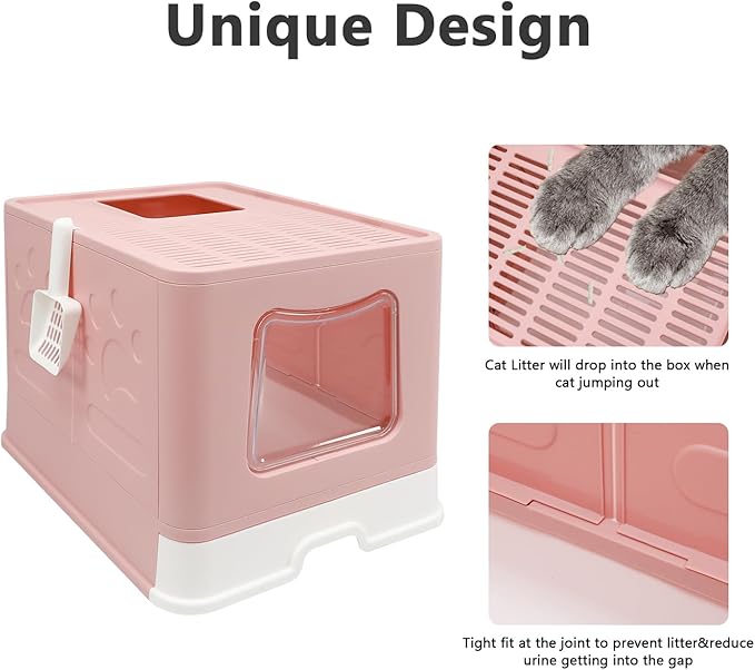 XL Foldable Cat Litter Box with Lid - Jumbo Enclosed Potty - Top Entry Anti-Splashing Toilet - Includes Scoop & 2-in-1 Cleaning Brush (Pink)