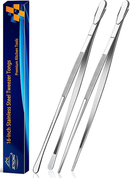 JETKONG 2 Pcs 16-Inch Kitchen Tweezers Extra Long Tweezer Tongs, Heavy Duty Stainless Steel Cooking Tweezers (Silver)