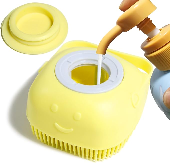 Pet Bath Brush Dog Bath Brush Shampoo Dispenser Soft Silicone Dog Bathing Brush Dog Shampoo Brush scrubbers for Cats and Dog Shower Brush Grooming (Yellow)