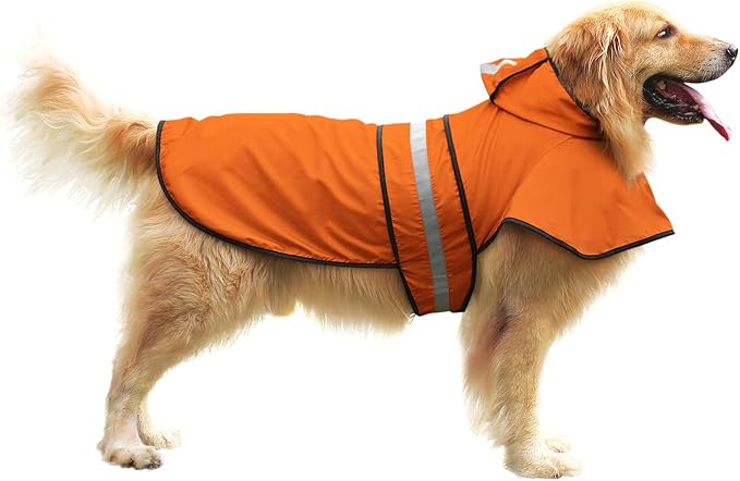 HDE Dog Raincoat Jacket Reflective Adjustable Hooded Pet Poncho Rain Coat with Leash Hole for Small to X-Large Dogs Safety Orange - XL