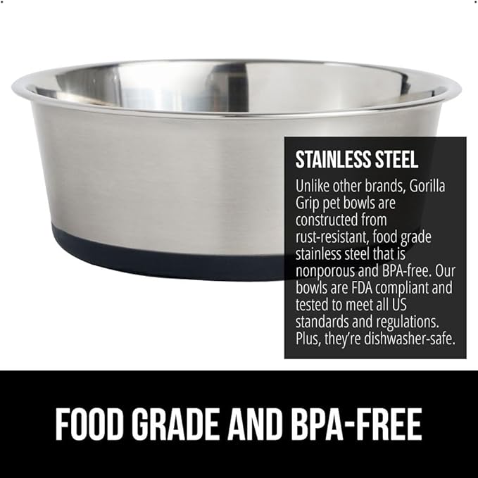 GORILLA GRIP Stainless Steel Metal Dog Bowl, Rubber Base, Heavy Duty Feeding Dish, Food Grade BPA Free, Less Sliding on Floors, Quiet Pet Bowl for Cats and Dogs, Holds 2 Cups (16 fl oz), Black