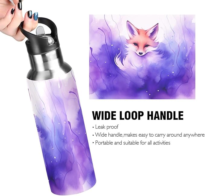 Fox Art Water Bottle with Straw Lid Kids Insulated Stainless Steel Water Flask Sports, 20 Oz Hot Cold