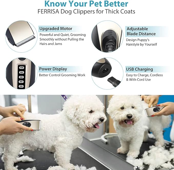 FERRISA 3 in 1 Dog Grooming Kit, Low Noise Rechargeable Dog Clippers for Grooming, Nail Trimmers for Small Dogs, Cordless Small Pet Grooming Clippers for Paws, Eyes, Ears, Face, Rump