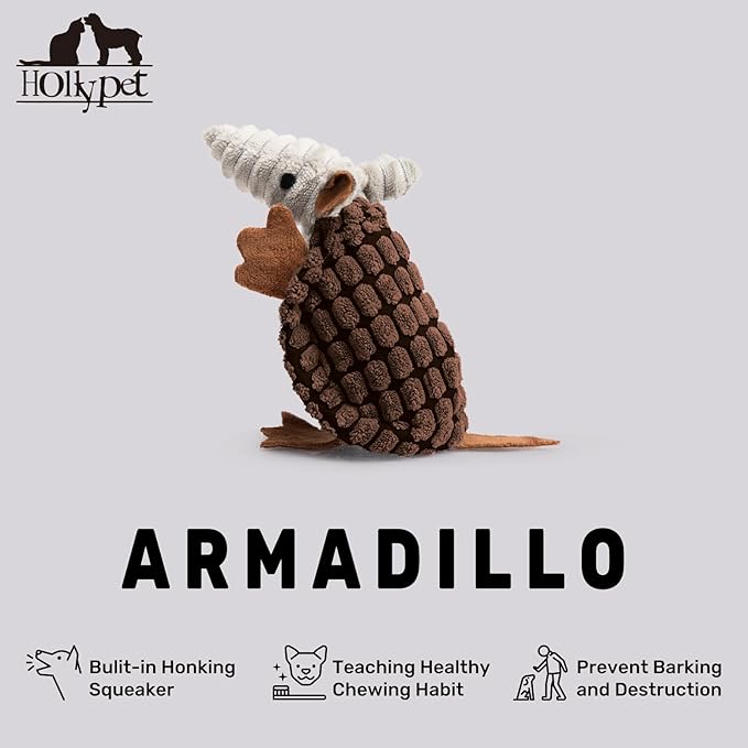 Hollypet Plush Dog Squeaky Toy Stuffed Armadillo Animal Pet Puppy Chew Toys with Clean Teeth for Small Medium Large All Breed Sizes Dogs, Brown, 6 in