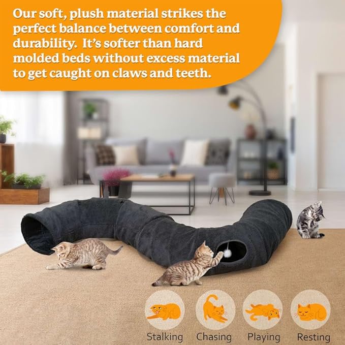 R1M Cat Tunnel Bed for Indoor Cats, Cute Cat Donut Tunnel Toys for Small, Larger Cats with Two Fish Cat Toys, Round Pet Peekaboo Cave Toy for Kitten, Dark Grey