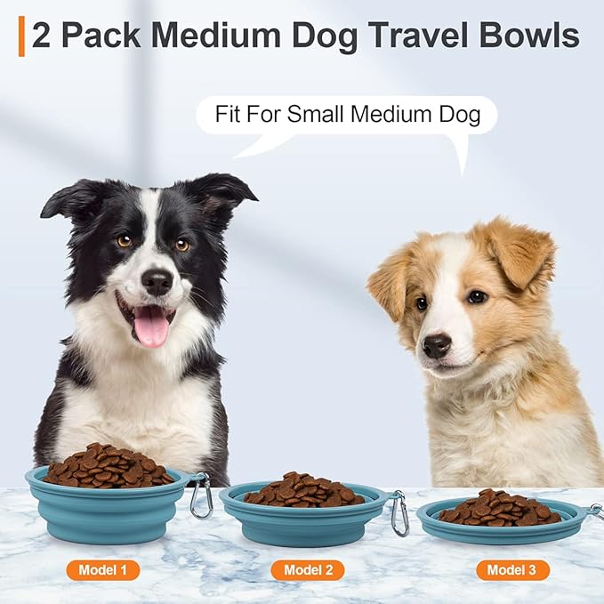 Kytely Collapsible Dog Bowls 2 Pack (650ml) - Portable Travel Pet Food & Water Bowls with Carabiner Clip, Foldable Feeding Dish for Dogs Cats, Hiking Walking Camping (Blue+Grey)