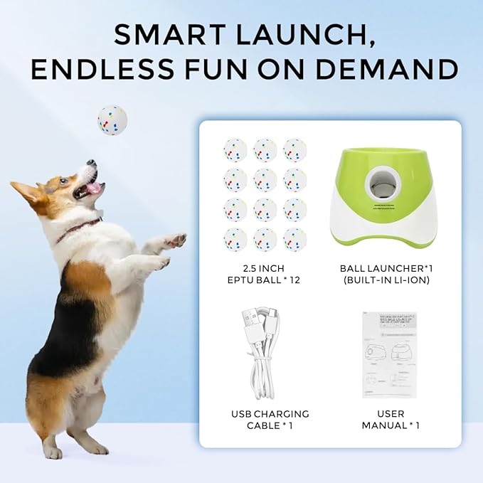 Automatic Ball Launcher for Dogs, Interactive Dog Ball Thrower with 12pcs 58mm ETPU Tennis Balls, 3 Range Modes, One Button Control, Support C-Type Charging