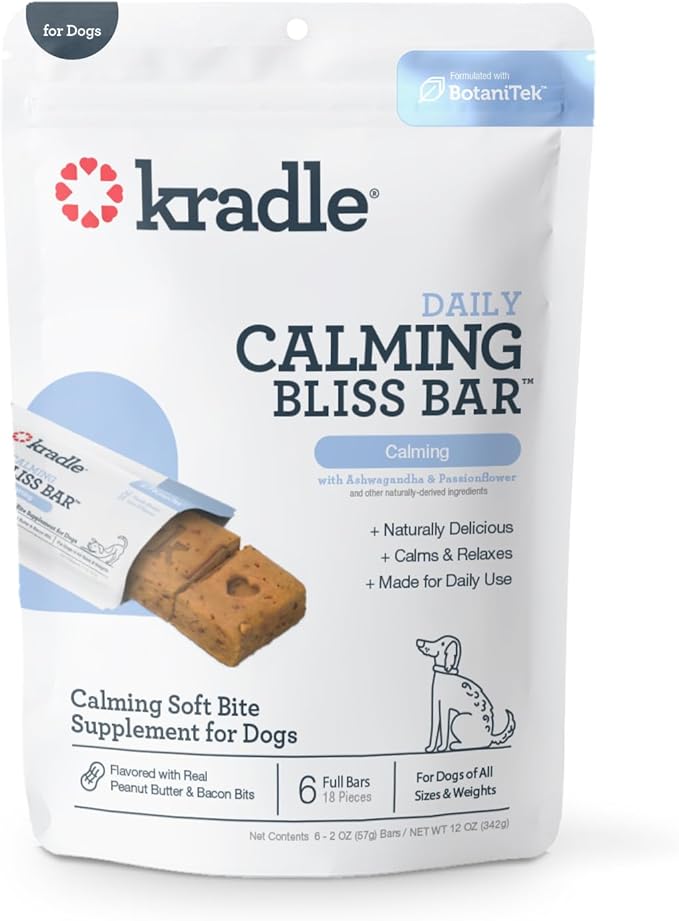 Kradle Bliss Bars for Dogs - Peanut Butter Flavored Calming - GABA L-Theanine - On The Go Packaging - Supports a Calm Demeanor - 6 Bars