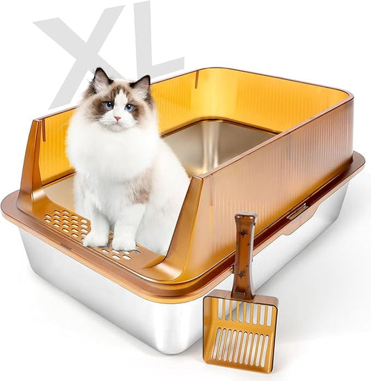 Stainless Steel Cat Litter Box, 23.6" x 15.7” x 11.8” Extra Large Semi Enclosed Litter Box for Big Cats High Sided Metal & Scoop Absorbs Odors, Anti-Urine Leakage, Non-Sticky & Easy Cleaning
