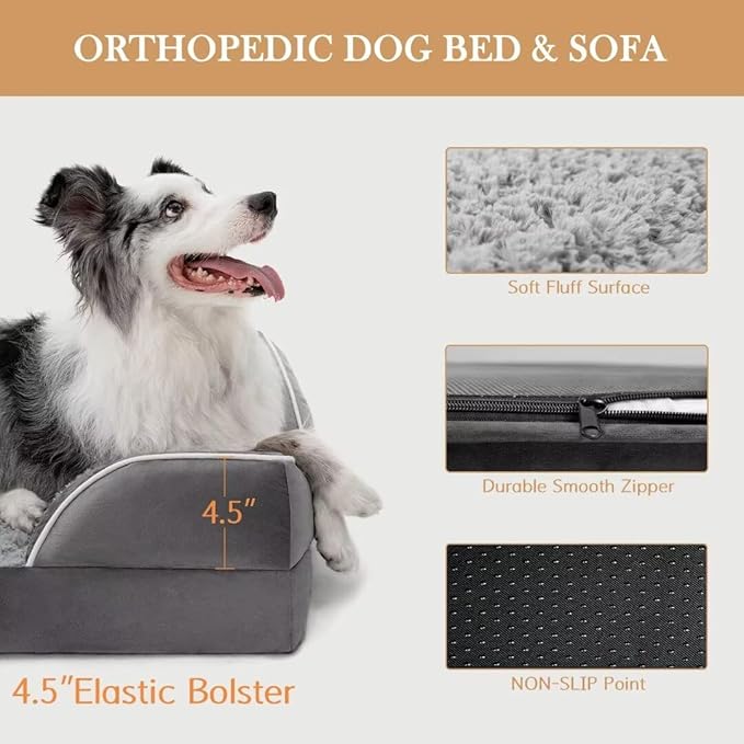 Comfort Expression Large Dog Beds Waterproof Orthopedic Foam Dog Beds for Large Dogs Sofa Comfy Pet Bed with Washable Removable Cover & Non-Slip Bottom(Grey)