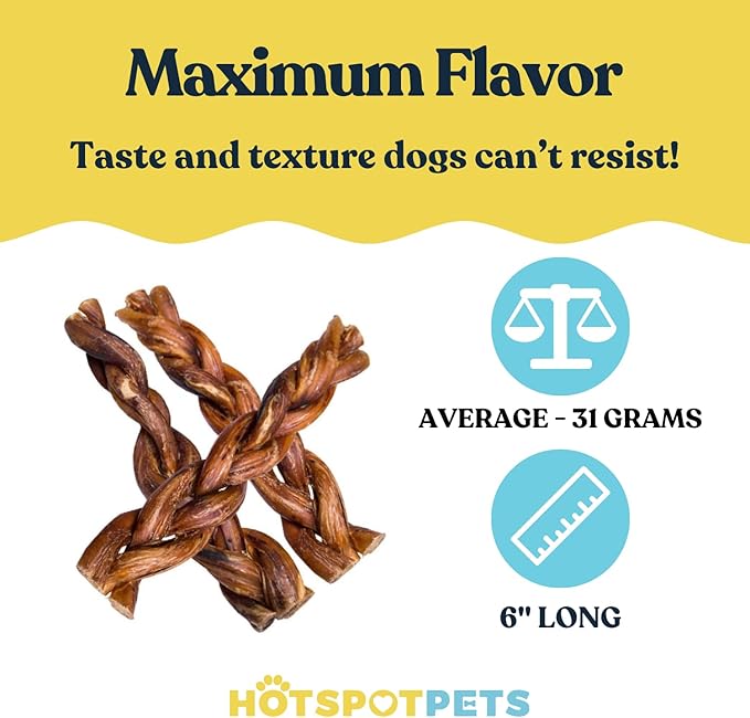 hotspot pets Braided Bully Sticks for Dogs -6 Inch Stix (20 Pack) Premium All Natural Long Lasting, Low Odor, Twisted Beef Pizzle Dog Chew Treats - Grain Free Fully Digestible Rawhide Alternative