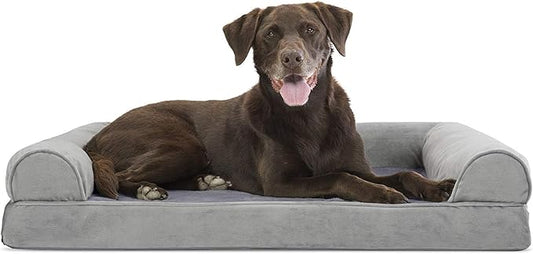 Furhaven Orthopedic Dog Bed for Large/Medium Dogs w/ Removable Bolsters & Washable Cover, For Dogs Up to 55 lbs - Faux Fur & Velvet Sofa - Smoke Gray, Large