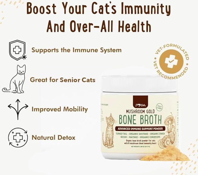 iHeartCats Bone Broth for Cats - Bone Broth & Mushroom Gold Powder Supplement for Immune System Support, Improved Mobility & Flexibility and Natural Detox - Turkey Tail Mushroom for Cats
